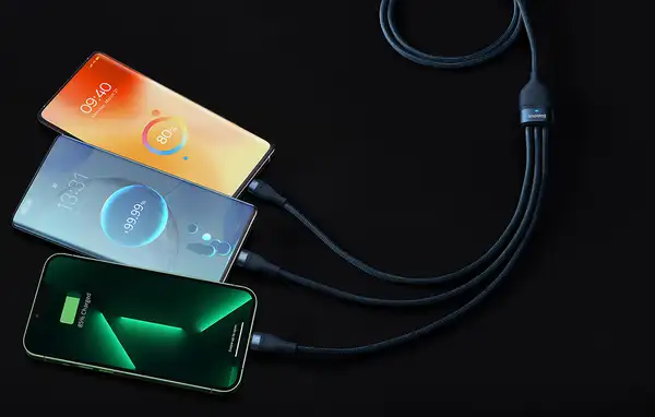 Baseus Flash Series II 3u1 kabl za brzo punjenje plavi, USB-C + Lightning + Micro USB konektore i brzim punjenjem 66W - 1.2m 